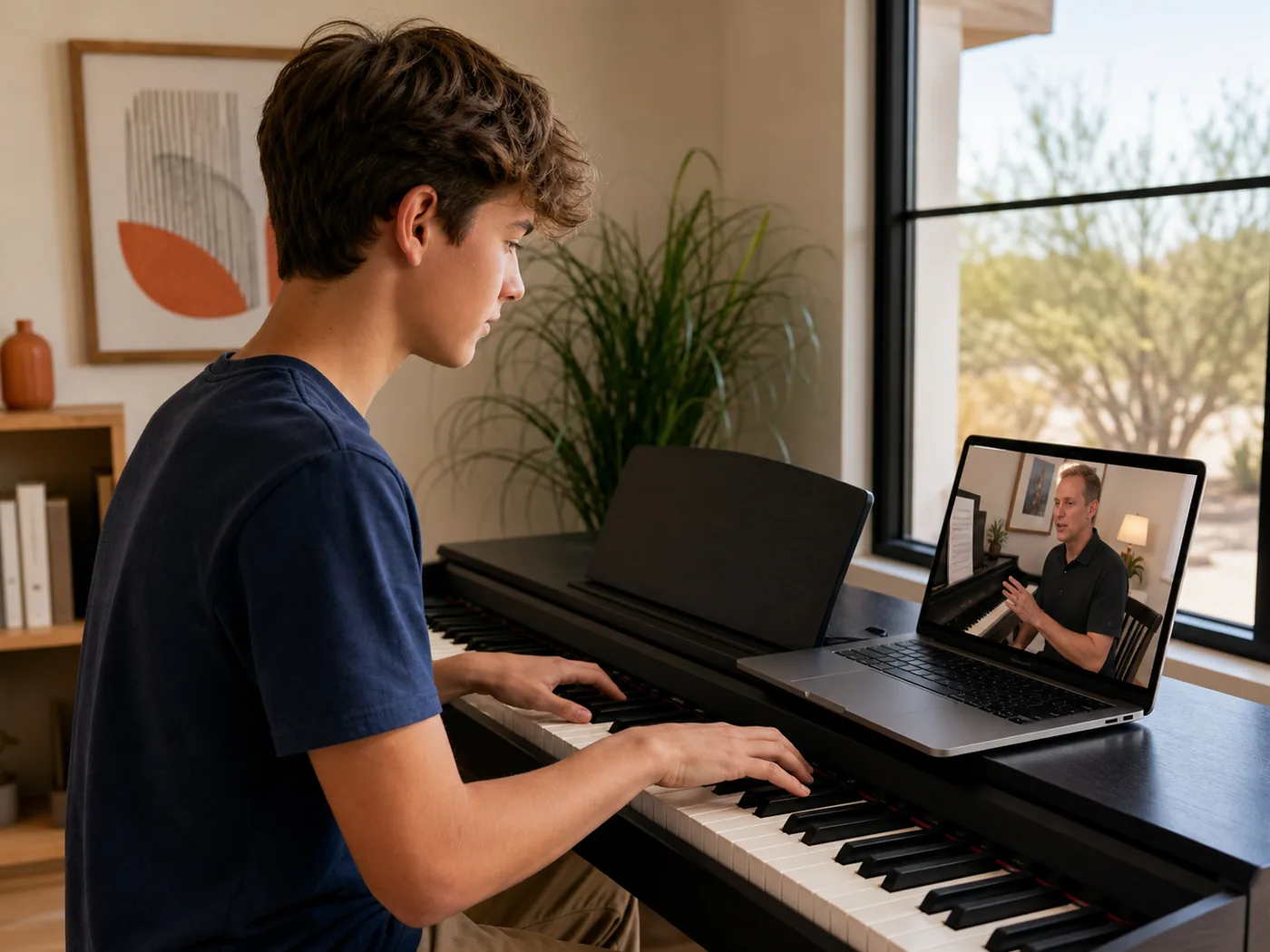 Teen taking an illustrative online piano lesson from a home music room