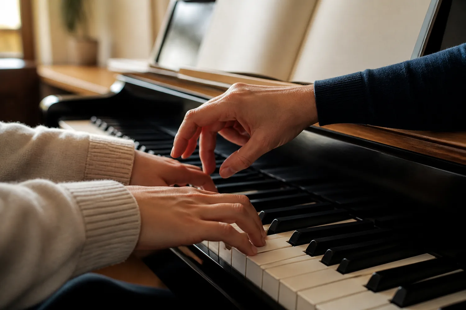 Close-up of an instructor demonstrating curved hand position at a piano
